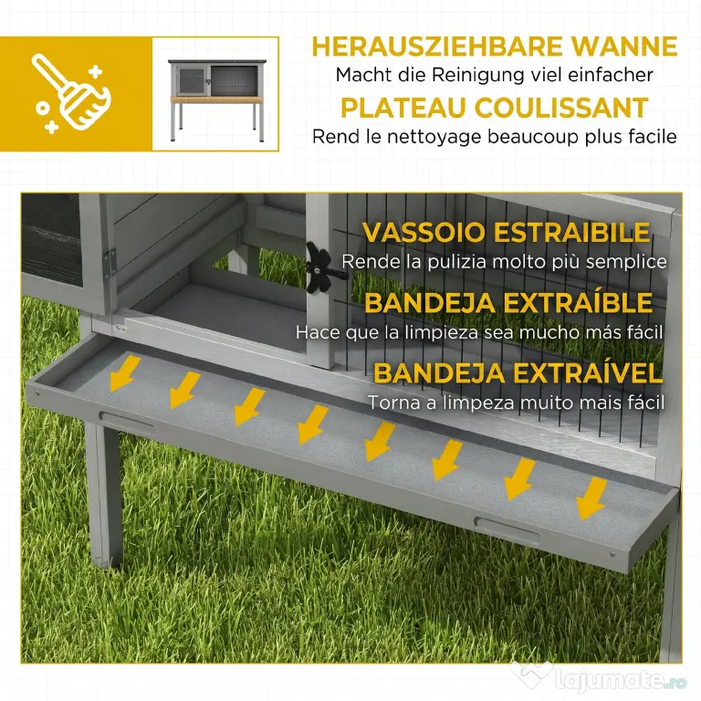PawHut Cușcă de Iepure Ridicată, Cușcă de Iepure cu Tavă Extensibilă și Trapă, 84x43x70 cm, Gri