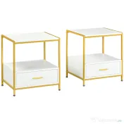 HOMCOM Set de 2 noptiere moderne cu sertar și raft deschis, 50x40x55 cm, alb și auriu