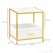 HOMCOM Set de 2 noptiere moderne cu sertar și raft deschis, 50x40x55 cm, alb și auriu