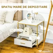 HOMCOM Set de 2 noptiere moderne cu sertar și raft deschis, 50x40x55 cm, alb și auriu