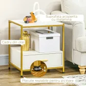 HOMCOM Set de 2 noptiere moderne cu sertar și raft deschis, 50x40x55 cm, alb și auriu