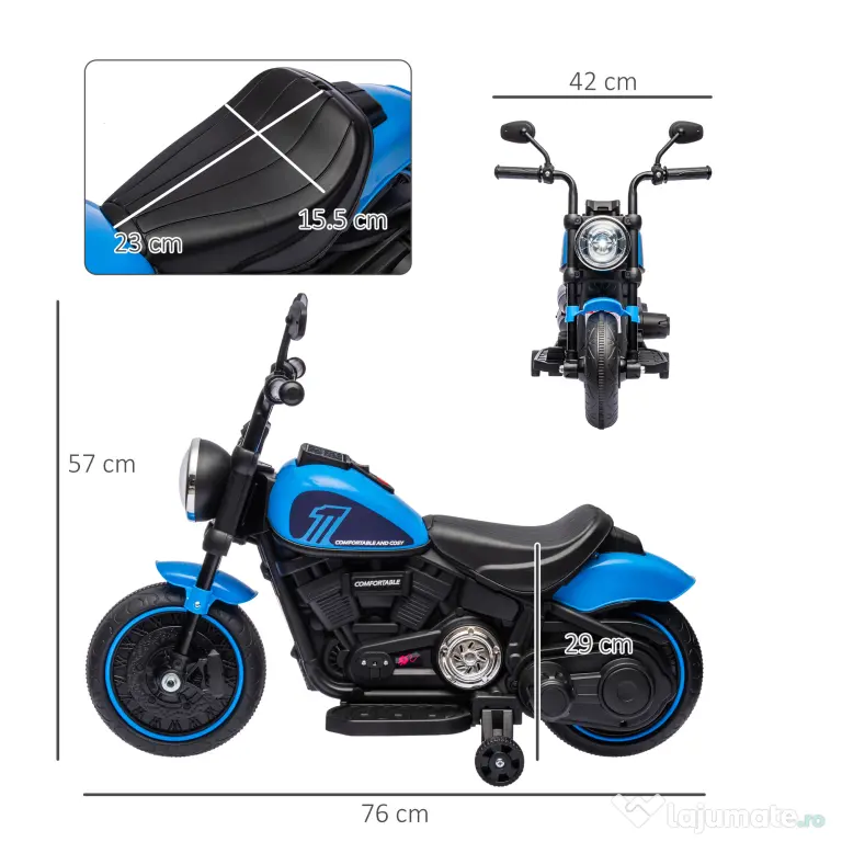 Motocileta Electrica de 6V, Roti de Antrenament, Baterii, un Singur Buton de Pornire, Pedala, Far, 18-36 luni, Albastru HOMCOM | Aosom Romania