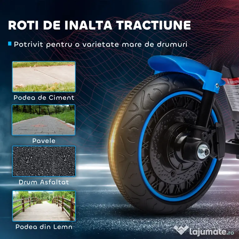 Motocileta Electrica de 6V, Roti de Antrenament, Baterii, un Singur Buton de Pornire, Pedala, Far, 18-36 luni, Albastru HOMCOM | Aosom Romania