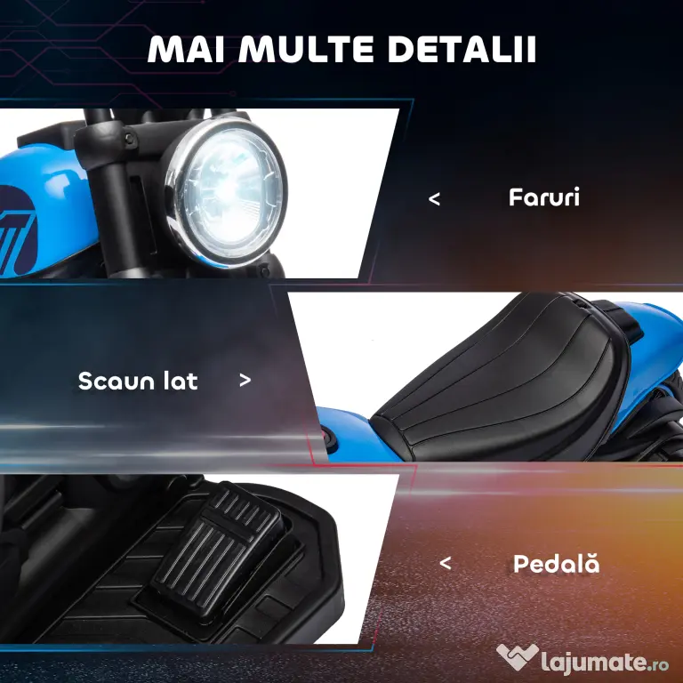 Motocileta Electrica de 6V, Roti de Antrenament, Baterii, un Singur Buton de Pornire, Pedala, Far, 18-36 luni, Albastru HOMCOM | Aosom Romania
