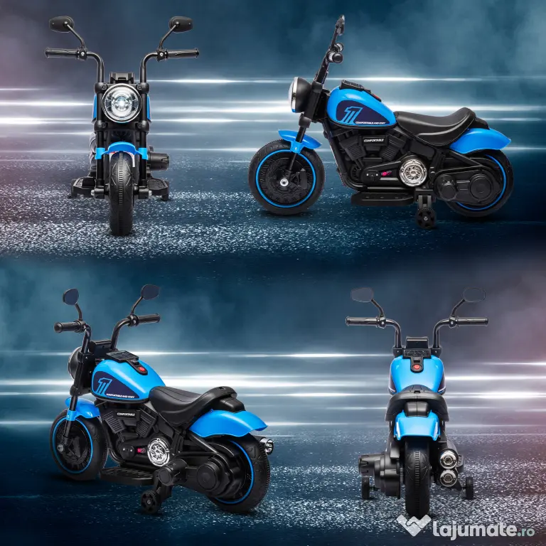 Motocileta Electrica de 6V, Roti de Antrenament, Baterii, un Singur Buton de Pornire, Pedala, Far, 18-36 luni, Albastru HOMCOM | Aosom Romania
