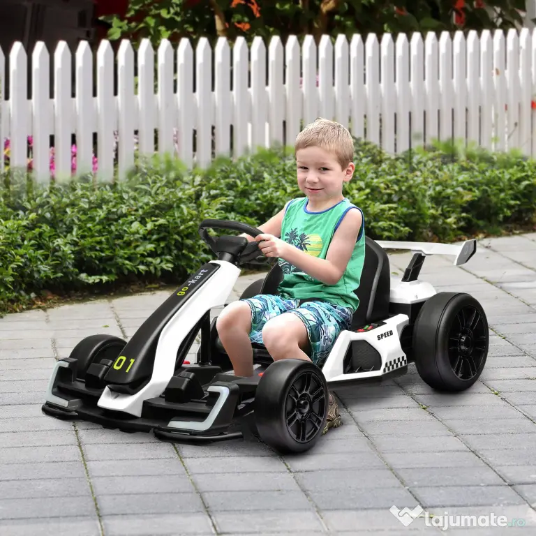 Kart electric pentru copii cu vârsta între 6-12 ani 24V 12km/h cu scaun reglabil, Drift Go-kart cu claxon, lumini, alb HOMCOM | Aosom Romania