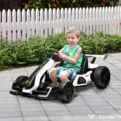 Kart electric pentru copii cu vârsta între 6-12 ani 24V 12km/h cu scaun reglabil, Drift Go-kart cu claxon, lumini, alb HOMCOM | Aosom Romania 