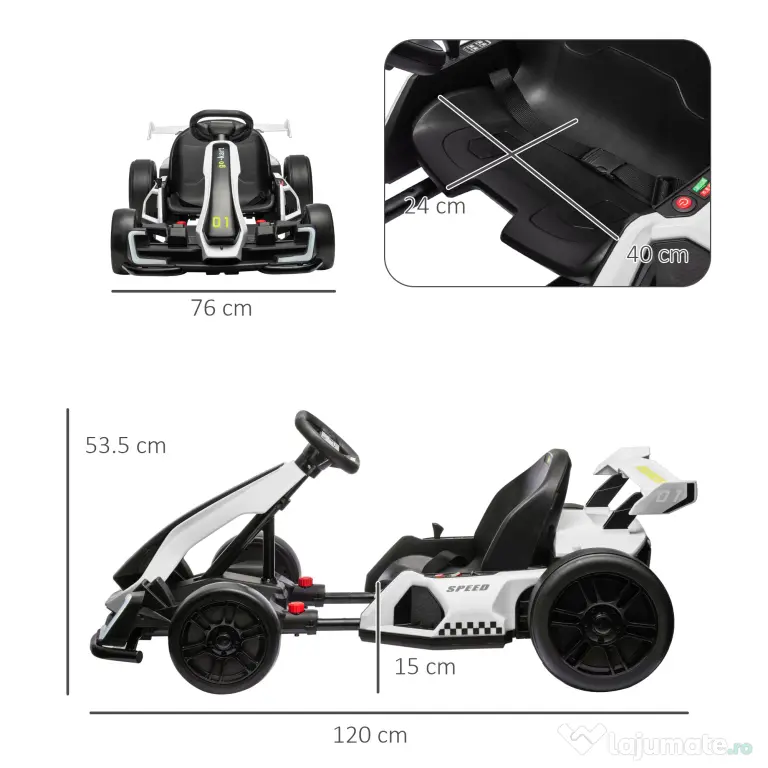 Kart electric pentru copii cu vârsta între 6-12 ani 24V 12km/h cu scaun reglabil, Drift Go-kart cu claxon, lumini, alb HOMCOM | Aosom Romania