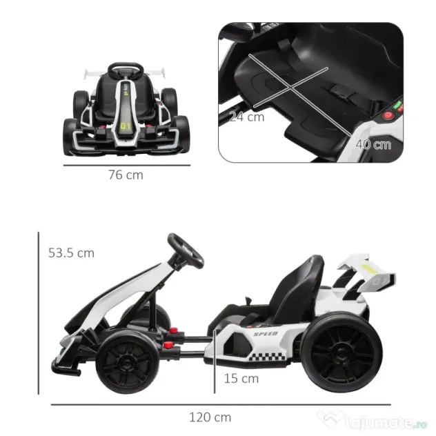 Kart electric pentru copii cu vârsta între 6-12 ani 24V 12km/h cu scaun reglabil, Drift Go-kart cu claxon, lumini, alb HOMCOM | Aosom Romania