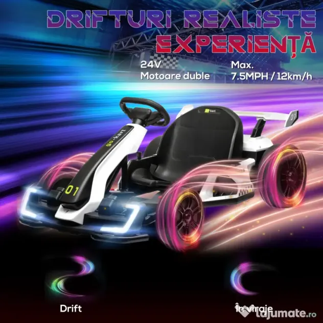 Kart electric pentru copii cu vârsta între 6-12 ani 24V 12km/h cu scaun reglabil, Drift Go-kart cu claxon, lumini, alb HOMCOM | Aosom Romania