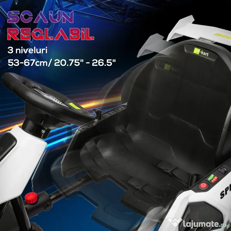 Kart electric pentru copii cu vârsta între 6-12 ani 24V 12km/h cu scaun reglabil, Drift Go-kart cu claxon, lumini, alb HOMCOM | Aosom Romania