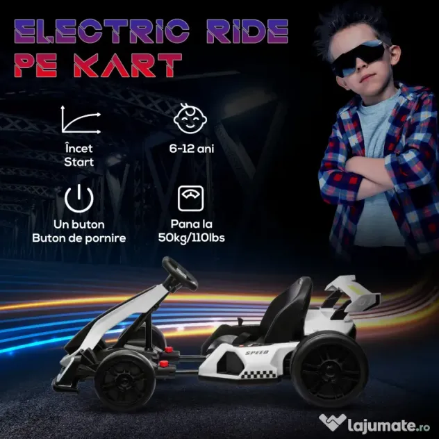 Kart electric pentru copii cu vârsta între 6-12 ani 24V 12km/h cu scaun reglabil, Drift Go-kart cu claxon, lumini, alb HOMCOM | Aosom Romania