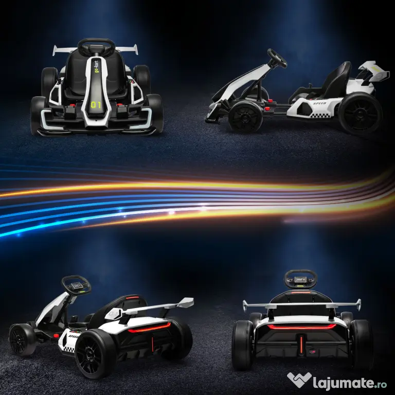 Kart electric pentru copii cu vârsta între 6-12 ani 24V 12km/h cu scaun reglabil, Drift Go-kart cu claxon, lumini, alb HOMCOM | Aosom Romania