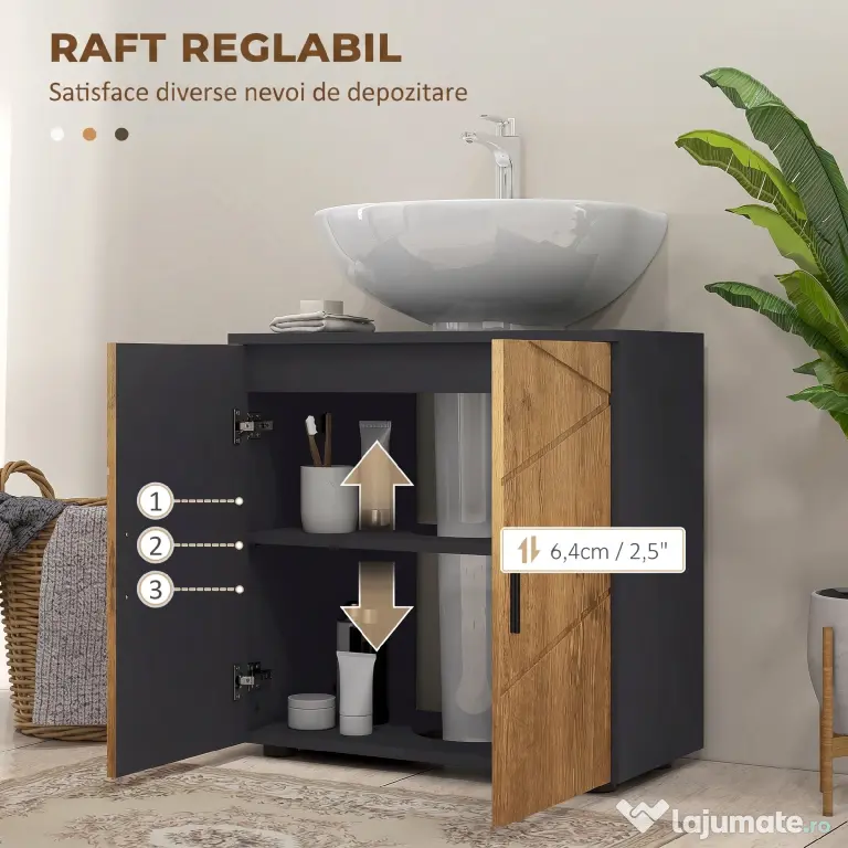 kleankin Dulap sub chiuvetă baie pentru piedestal cu 2 uși, 60 x 30 x 60 cm, Stejar | Aosom Romania