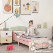 ZONEKIZ Pat pentru Copii 3-6 Ani cu Margini Înălțate și Model cu Animale, 77x143x60 cm, Roz | Aosom Romania