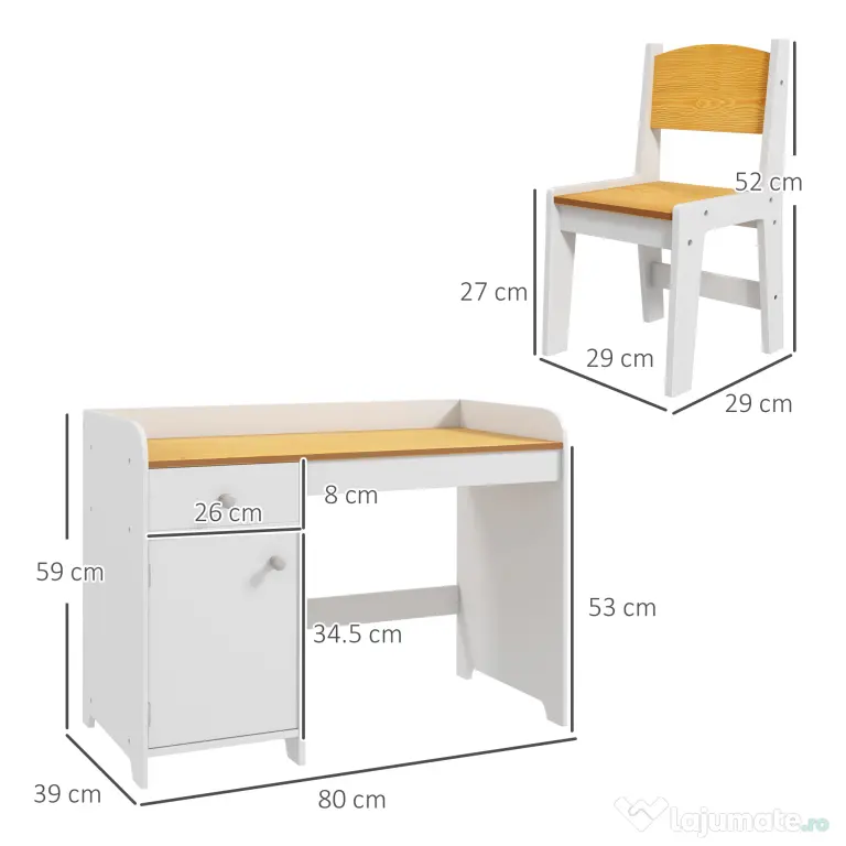 Masa de birou ZONEKIZ pentru copii cu scaun, birou de scoală pentru copii de 3-6 ani din lemn cu sertar si scaun asortat, alb | Aosom Romania