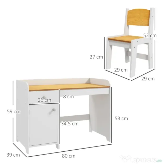 Masa de birou ZONEKIZ pentru copii cu scaun, birou de scoală pentru copii de 3-6 ani din lemn cu sertar si scaun asortat, alb | Aosom Romania