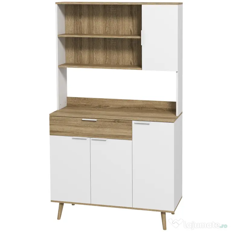 HOMCOM Dulap de Depozitare Inalt de 180cm cu Rafturi de Depozitare, in Stil Modern cu Usi si Sertare pentru Camera de Zi, Alb
