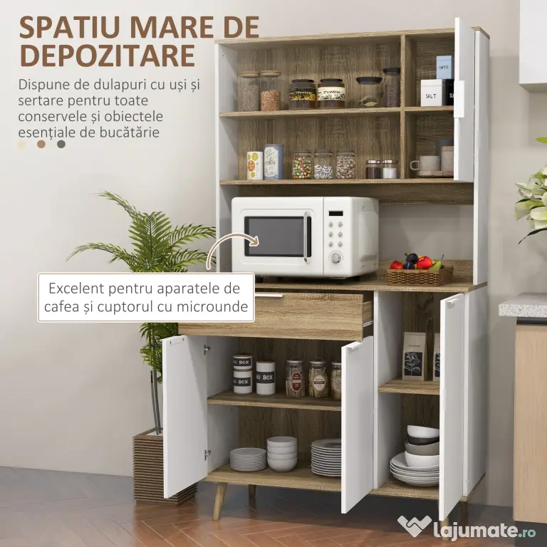HOMCOM Dulap de Depozitare Inalt de 180cm cu Rafturi de Depozitare, in Stil Modern cu Usi si Sertare pentru Camera de Zi, Alb