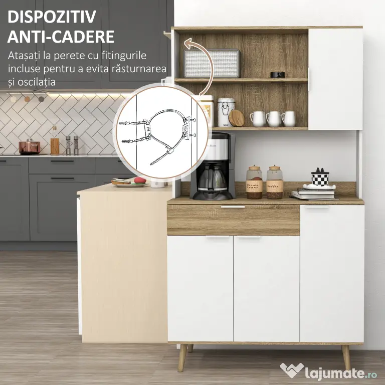 HOMCOM Dulap de Depozitare Inalt de 180cm cu Rafturi de Depozitare, in Stil Modern cu Usi si Sertare pentru Camera de Zi, Alb