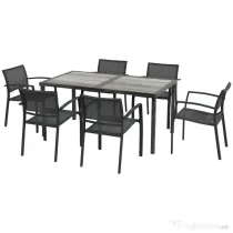 Outsunny Set de Grădină cu 6 Scaune Stivuibile din Material Textil de Plasă și Masă cu Aspect de Lemn, Gri