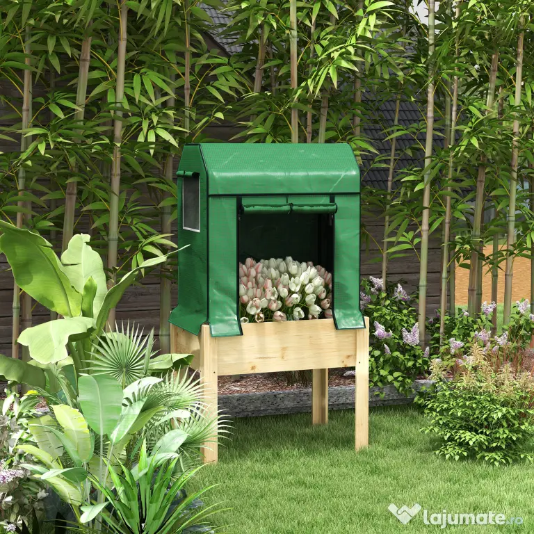Outsunny Patură înălțată pentru grădină cu acoperire din PE verde și structură din lemn, 80x60x165cm
