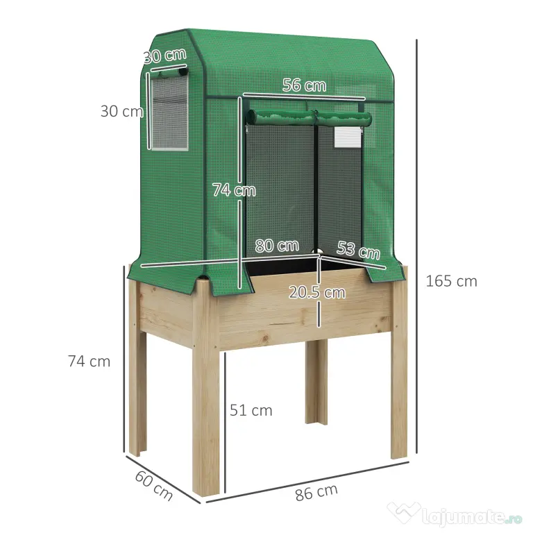 Outsunny Patură înălțată pentru grădină cu acoperire din PE verde și structură din lemn, 80x60x165cm