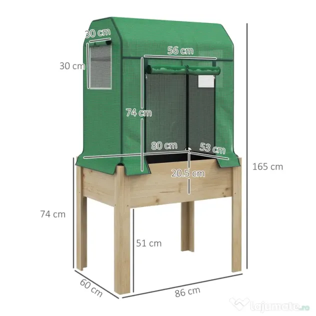 Outsunny Patură înălțată pentru grădină cu acoperire din PE verde și structură din lemn, 80x60x165cm