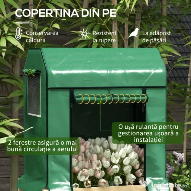 Outsunny Patură înălțată pentru grădină cu acoperire din PE verde și structură din lemn, 80x60x165cm