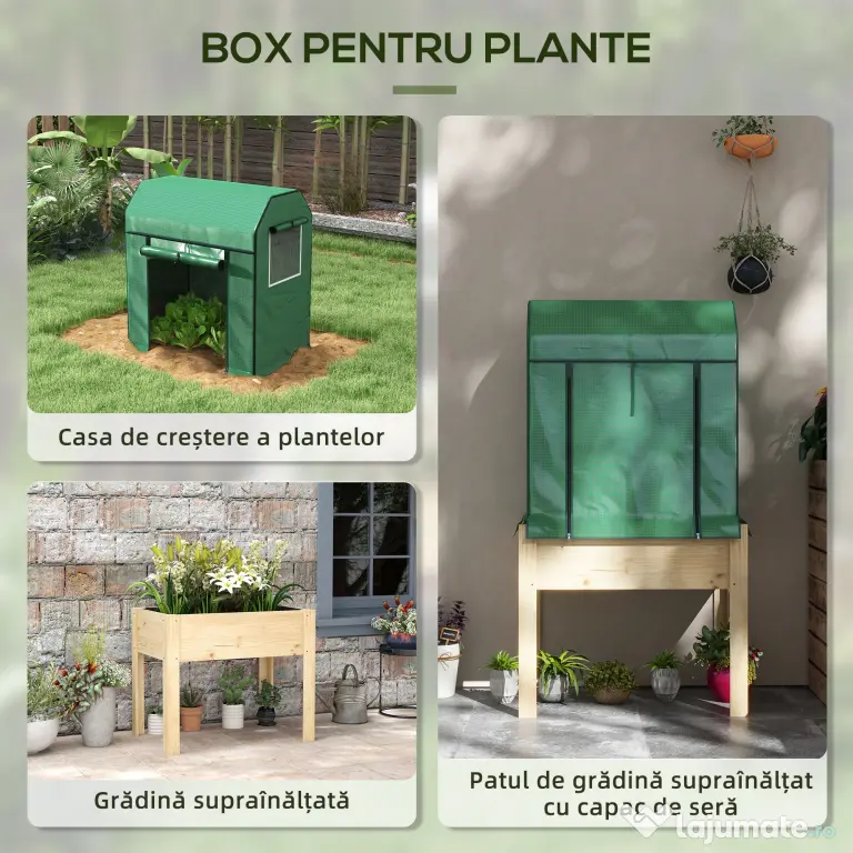 Outsunny Patură înălțată pentru grădină cu acoperire din PE verde și structură din lemn, 80x60x165cm