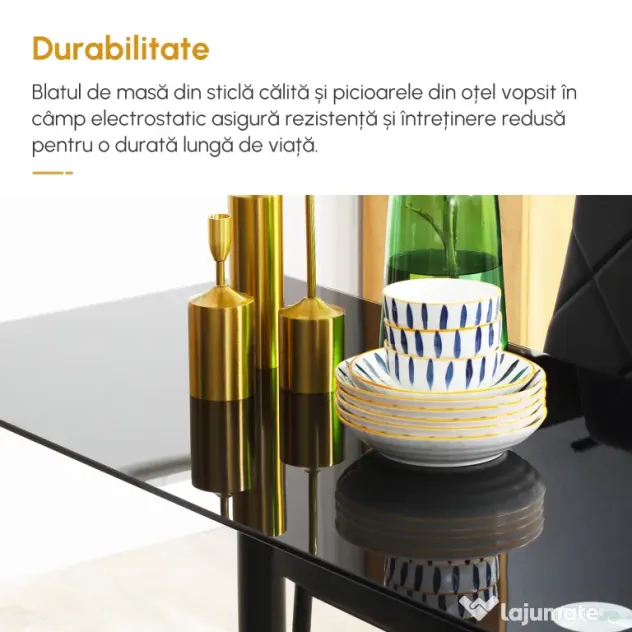 HOMCOM Set Masă de Sufragerie cu 4 Scaune Dreptunghiulară din Sticlă Securizată și Oțel Scaune Capitonate cu Spătar Înalt | Aosom Romania
