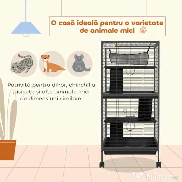 PawHut Cușcă pentru Rozătoare cu 3 Etaje, 4 Roți și Tavă Detașabilă Gri | Aosom Romania