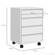 HOMCOM Comodă de Birou cu 4 Sertare și Roți pentru Studiu 46x40x65 cm Alb | Aosom Romania 