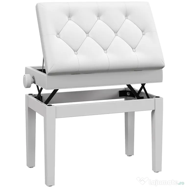 Scaun de Pian HOMCOM Reglabil cu Compartiment de Depozitare și Scaun Imbunătățit, 54.5x33x48-58 cm, Alb | Aosom Romania