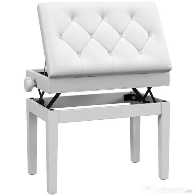 Scaun de Pian HOMCOM Reglabil cu Compartiment de Depozitare și Scaun Imbunătățit, 54.5x33x48-58 cm, Alb | Aosom Romania