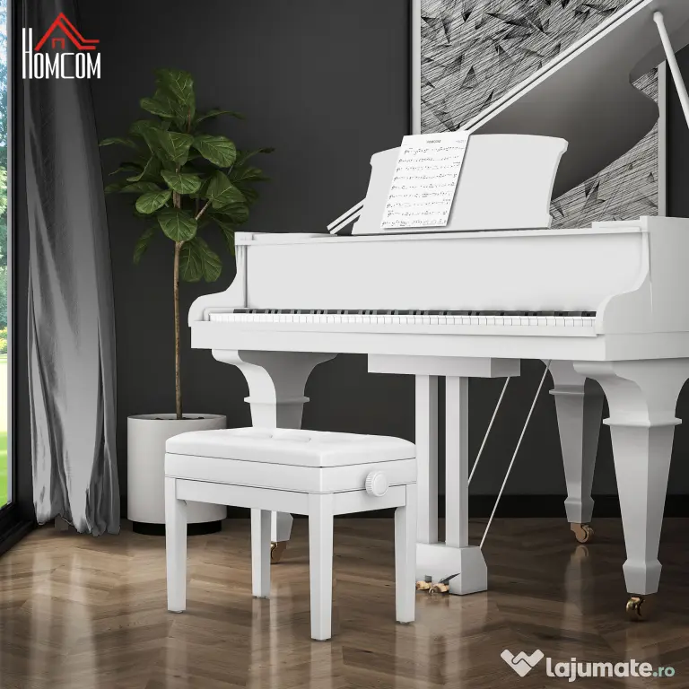 Scaun de Pian HOMCOM Reglabil cu Compartiment de Depozitare și Scaun Imbunătățit, 54.5x33x48-58 cm, Alb | Aosom Romania