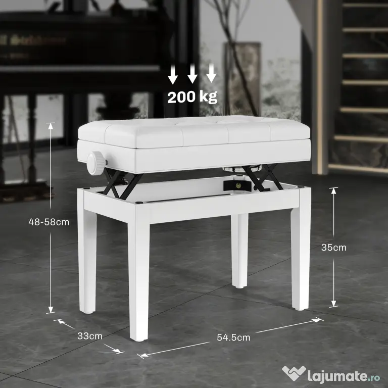 Scaun de Pian HOMCOM Reglabil cu Compartiment de Depozitare și Scaun Imbunătățit, 54.5x33x48-58 cm, Alb | Aosom Romania