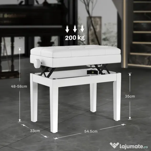 Scaun de Pian HOMCOM Reglabil cu Compartiment de Depozitare și Scaun Imbunătățit, 54.5x33x48-58 cm, Alb | Aosom Romania