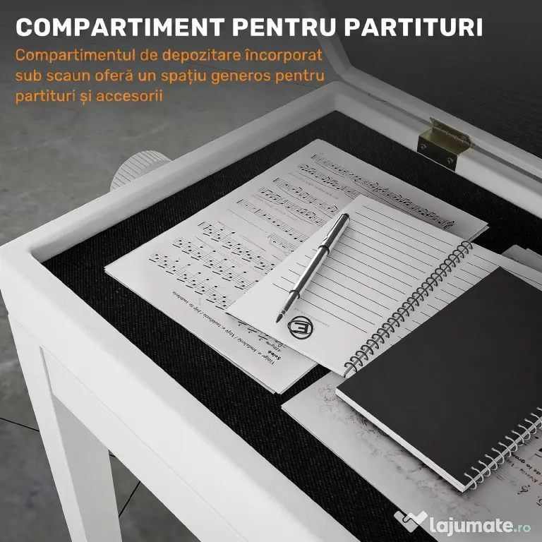 Scaun de Pian HOMCOM Reglabil cu Compartiment de Depozitare și Scaun Imbunătățit, 54.5x33x48-58 cm, Alb | Aosom Romania