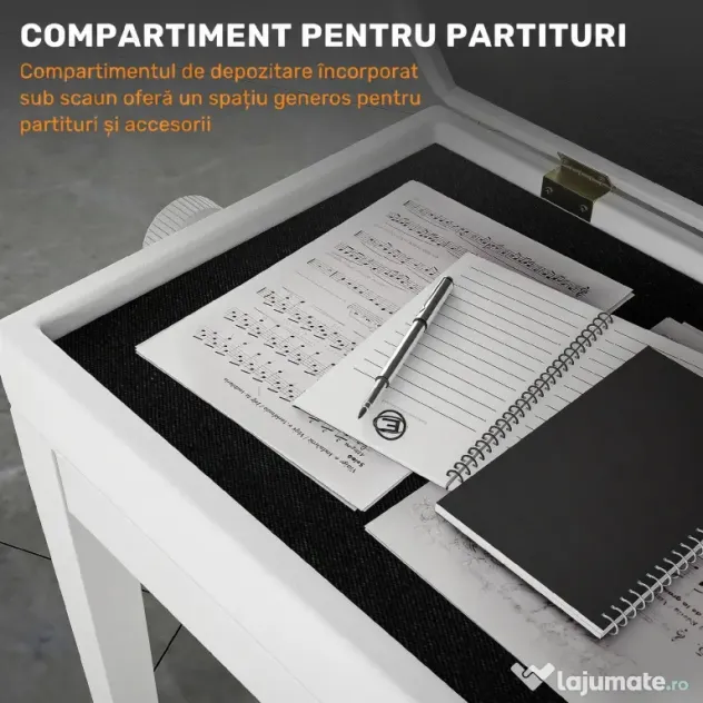 Scaun de Pian HOMCOM Reglabil cu Compartiment de Depozitare și Scaun Imbunătățit, 54.5x33x48-58 cm, Alb | Aosom Romania