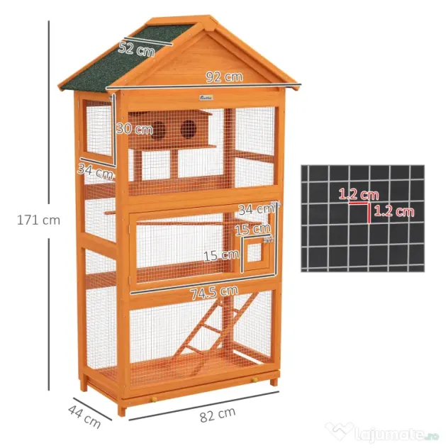 PawHut Volieră pentru Păsări cu 3 Uși, Cușcă, Scară și Tavă, din Lemn și Metal, 92x52x171 cm, Portocaliu și Negru | Aosom Romania