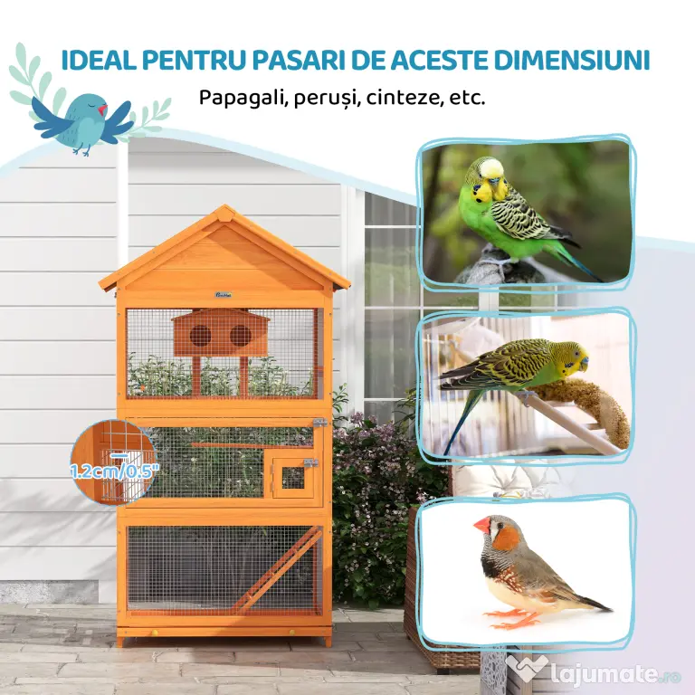 PawHut Volieră pentru Păsări cu 3 Uși, Cușcă, Scară și Tavă, din Lemn și Metal, 92x52x171 cm, Portocaliu și Negru | Aosom Romania