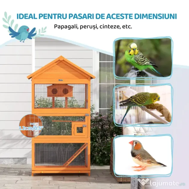 PawHut Volieră pentru Păsări cu 3 Uși, Cușcă, Scară și Tavă, din Lemn și Metal, 92x52x171 cm, Portocaliu și Negru | Aosom Romania