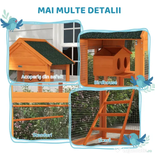 PawHut Volieră pentru Păsări cu 3 Uși, Cușcă, Scară și Tavă, din Lemn și Metal, 92x52x171 cm, Portocaliu și Negru | Aosom Romania