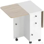 HOMCOM Masă pliabilă cu 2 sertare și dulap, 6 roți și frâne, 120x60x76.5 cm, alb și stejar