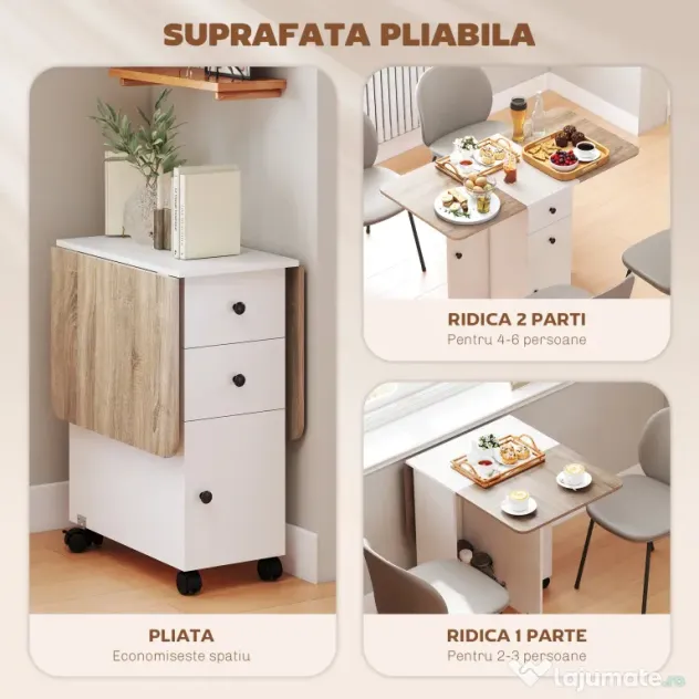 HOMCOM Masă Rabatabilă pentru Maxim 6 Persoane cu 2 Sertare, Dulap și Raft Posterior, 120x60x76.5 cm, Alb | Aosom Romania