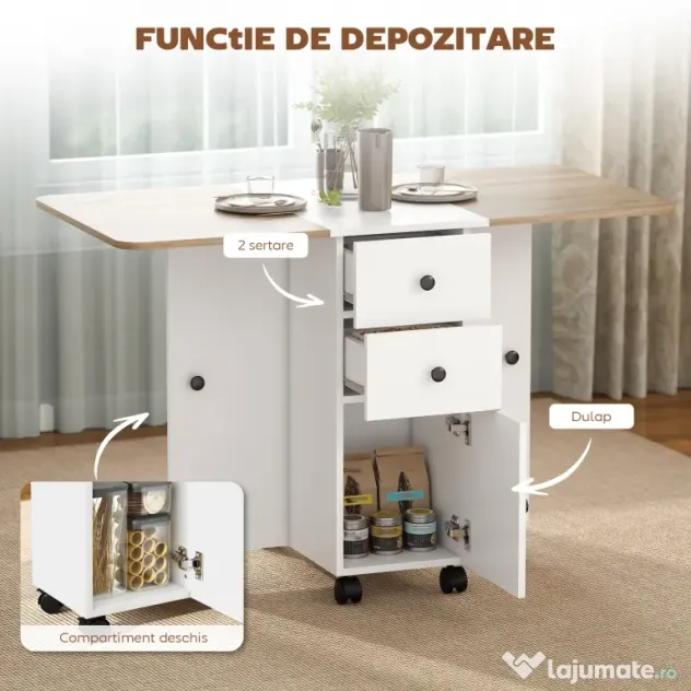 HOMCOM Masă Rabatabilă pentru Maxim 6 Persoane cu 2 Sertare, Dulap și Raft Posterior, 120x60x76.5 cm, Alb | Aosom Romania