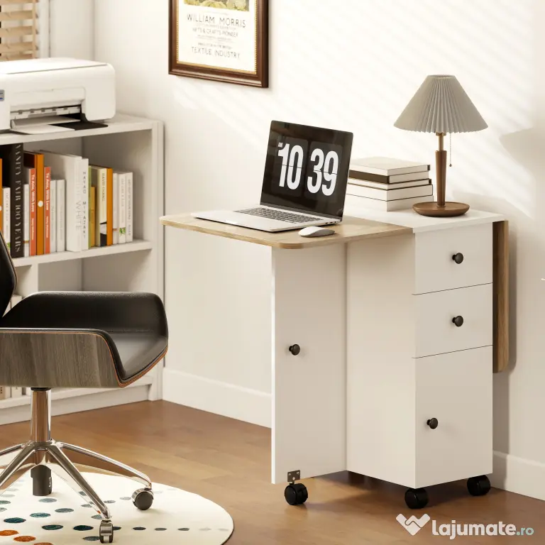 HOMCOM Masă Rabatabilă pentru Maxim 6 Persoane cu 2 Sertare, Dulap și Raft Posterior, 120x60x76.5 cm, Alb | Aosom Romania