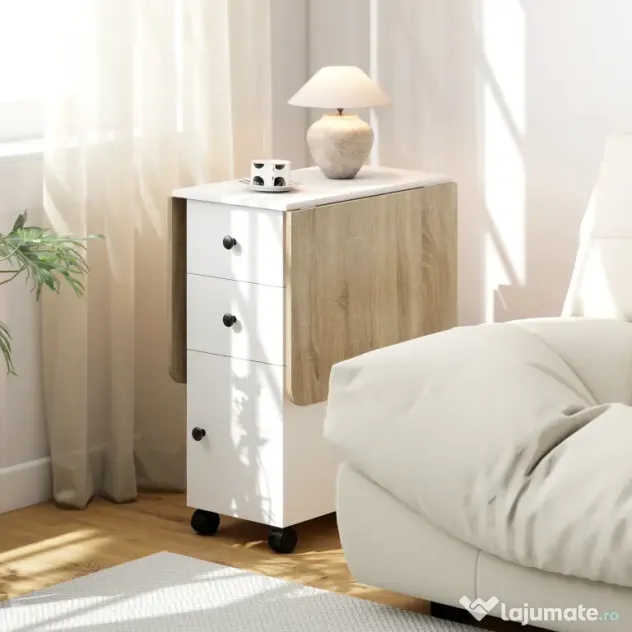 HOMCOM Masă Rabatabilă pentru Maxim 6 Persoane cu 2 Sertare, Dulap și Raft Posterior, 120x60x76.5 cm, Alb | Aosom Romania