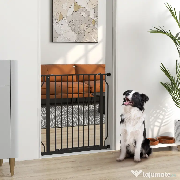 PawHut Poartă Extensibilă și Reglabilă pentru Câini, pentru Scări și Uși, din Oțel și ABS, 75-85x76 cm, Negru | Aosom Romania